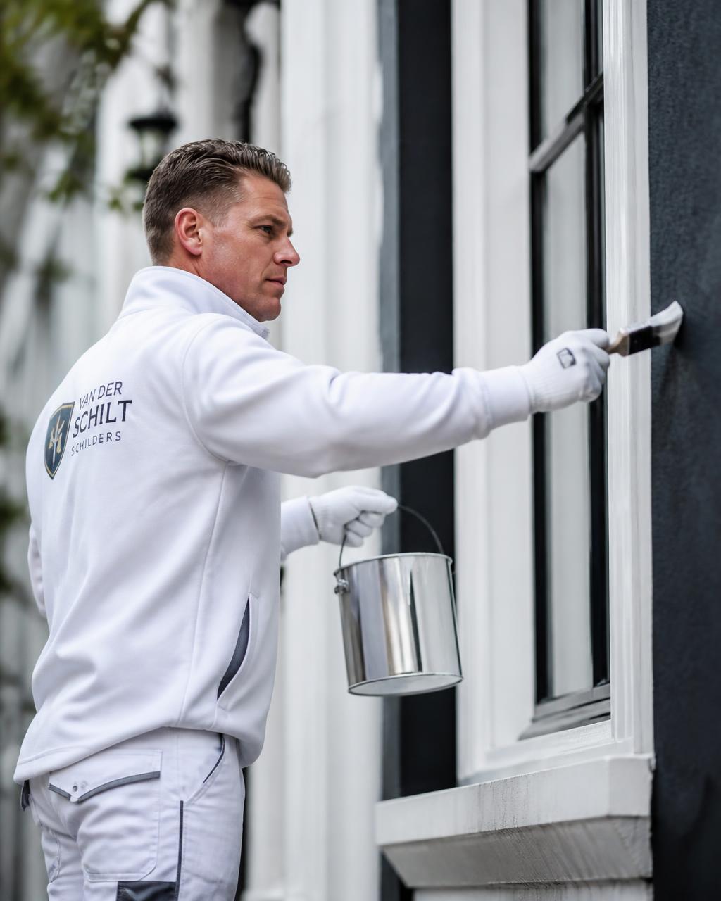 Schilder aan het werk aan een kozijn van een woning
